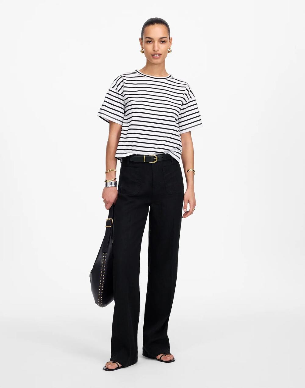 NEW Petite Patch Pocket Flare Pant in 100% Linen Black 6p